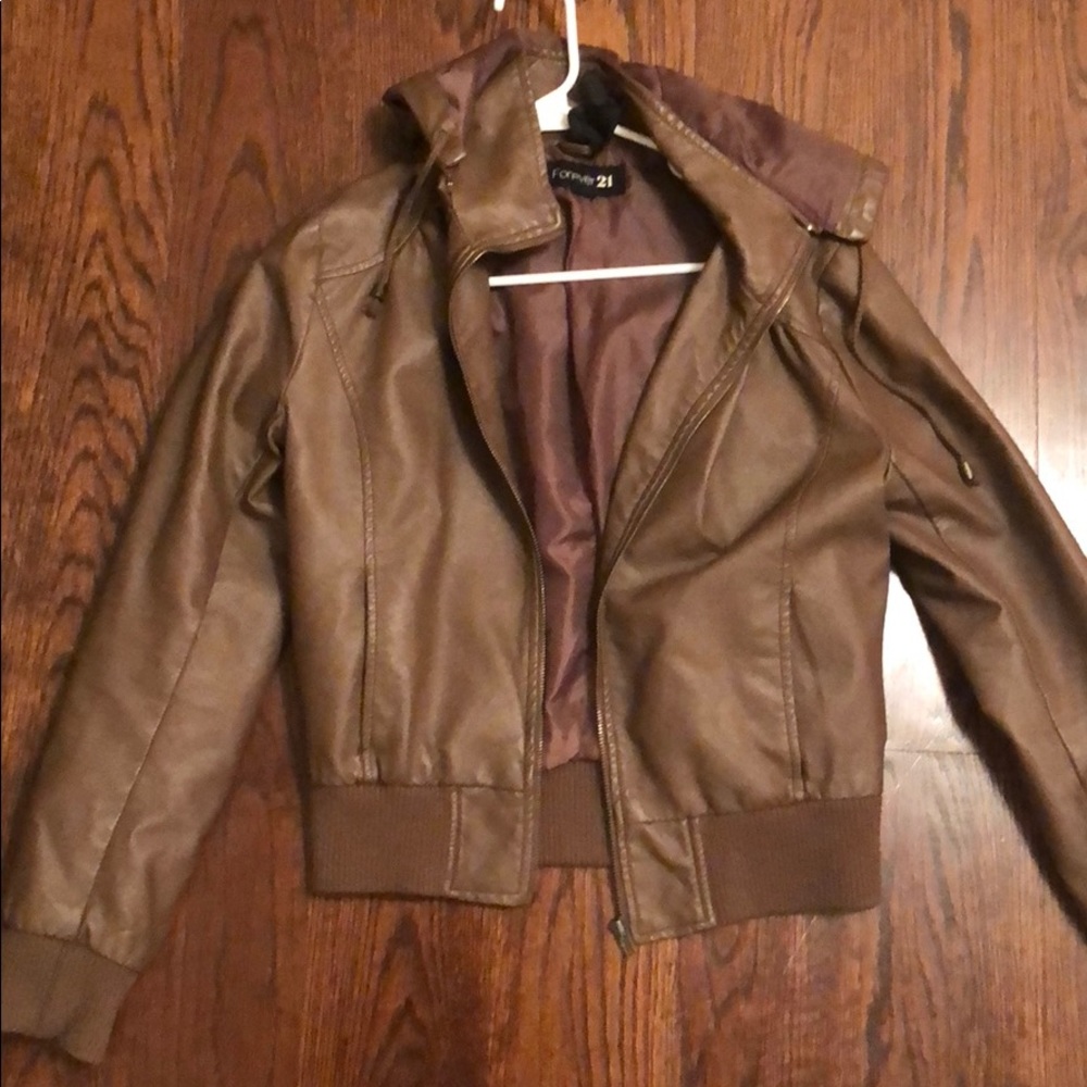 Brown faux leather jacket with hood.